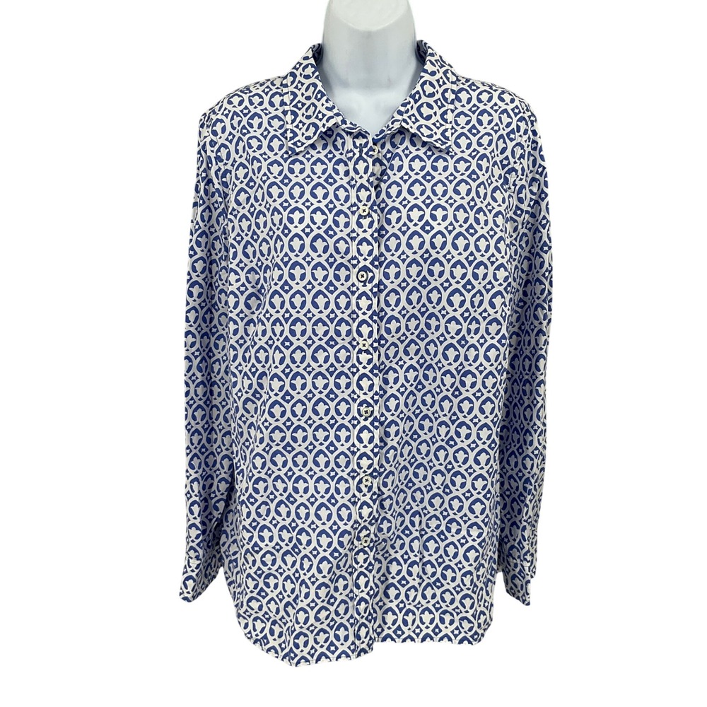 Talbots Button Down Shirt Women L Blue White Geometric Classic Preppy Airy